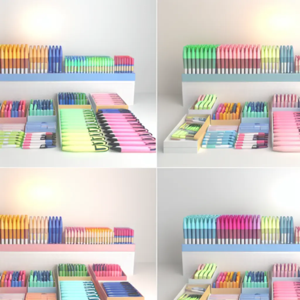 Wyprzedażowe zestawy zakreślaczy i długopisów na jasnym tle