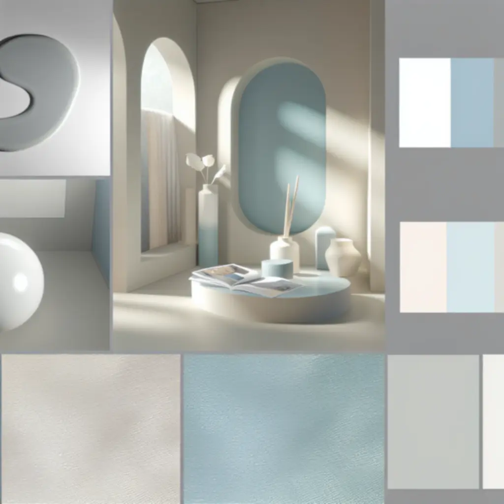 Delikatna paleta barw: szarość, pastelowy błękit, biel i beż