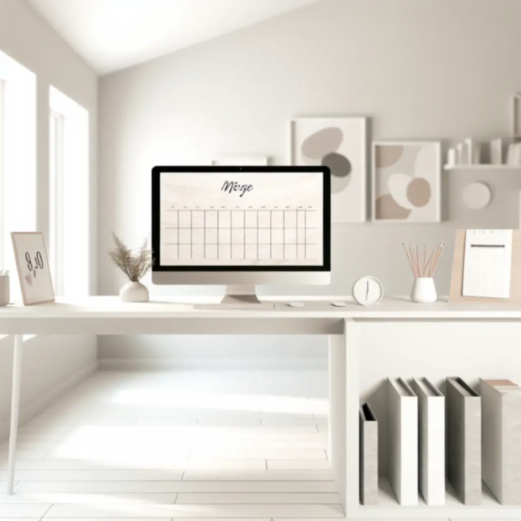 Estetycznie zorganizowane biurko z organizerami, podstawką i planerem