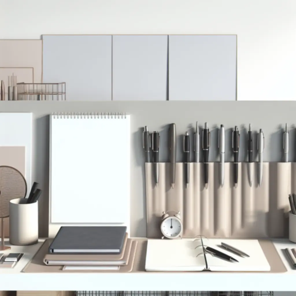 Estetycznie ułożone długopisy, notes i planer na minimalistycznym biurku