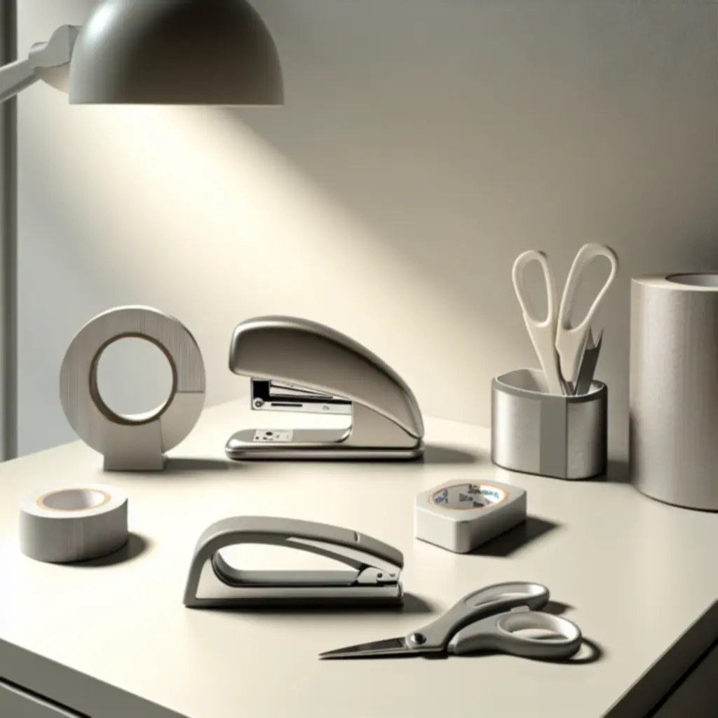 Akcesoria biurowe: zszywacz, taśma i nożyczki na biurku