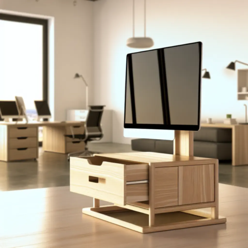 Drewniany stojak pod monitor z wbudowaną szufladą
