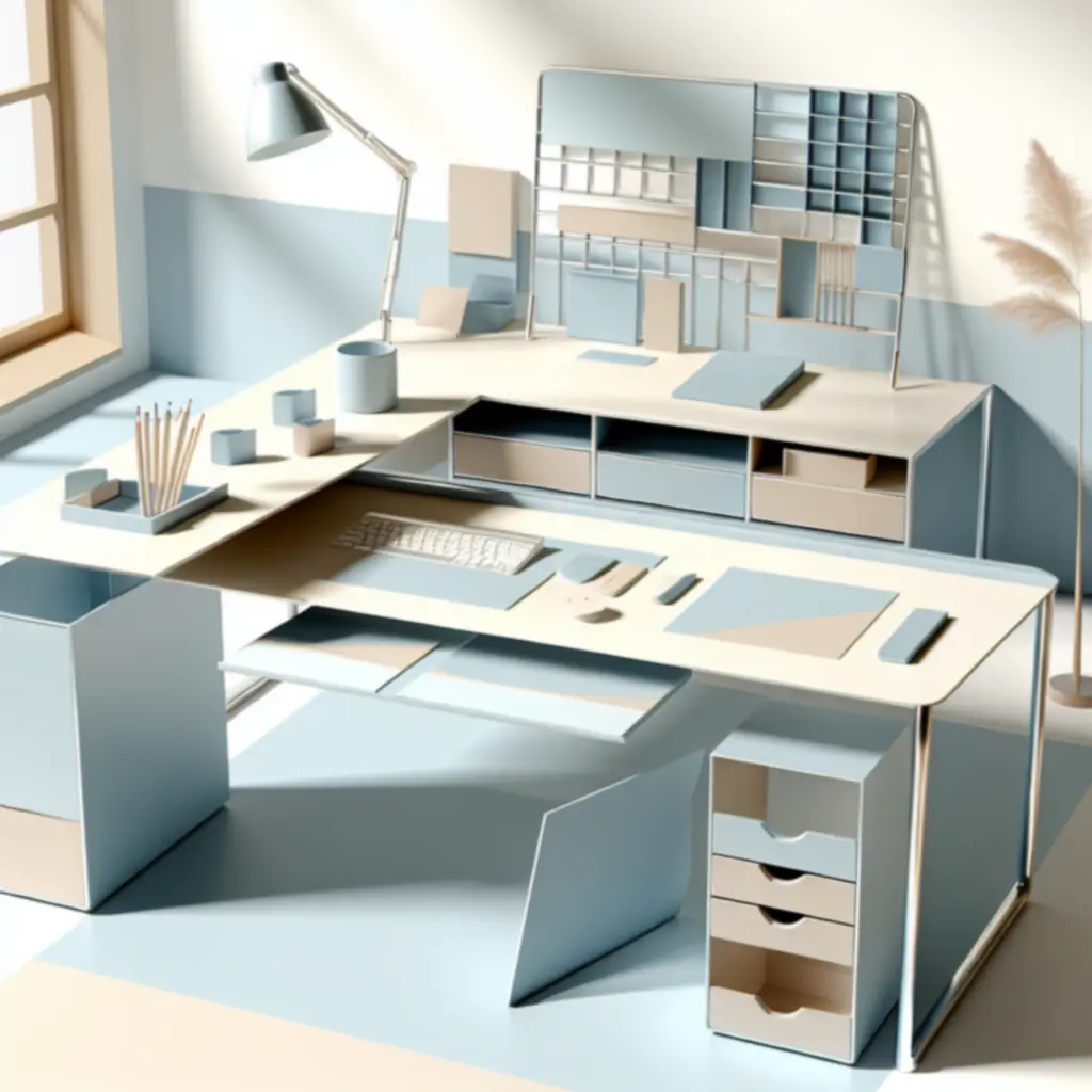 Nowy zestaw biurkowy w kolorze pastelowego błękitu i beżu